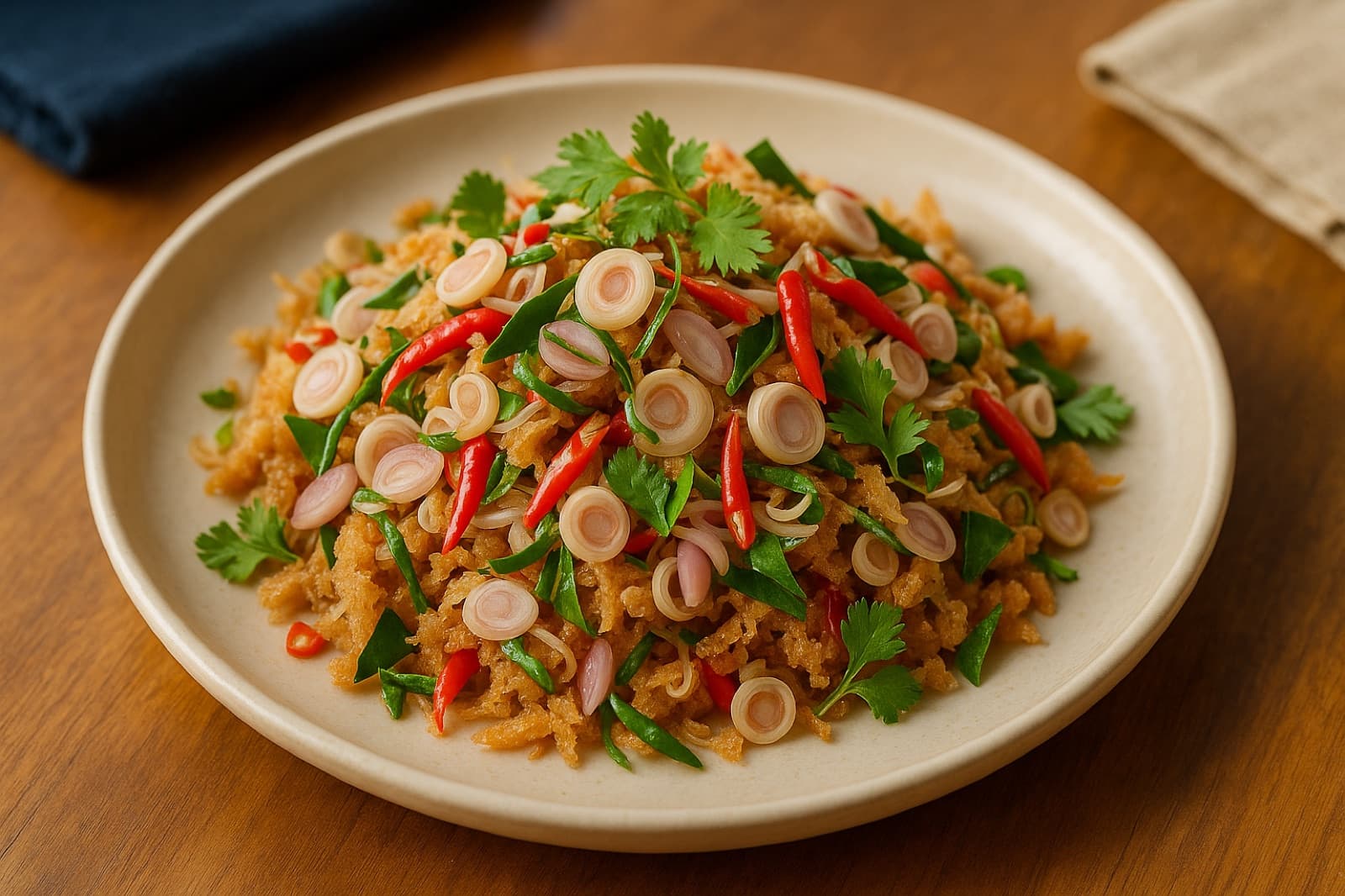 ยำปลาสลิดสมุนไพร สดชื่น จัดเสิร์ฟบนจานเซรามิก